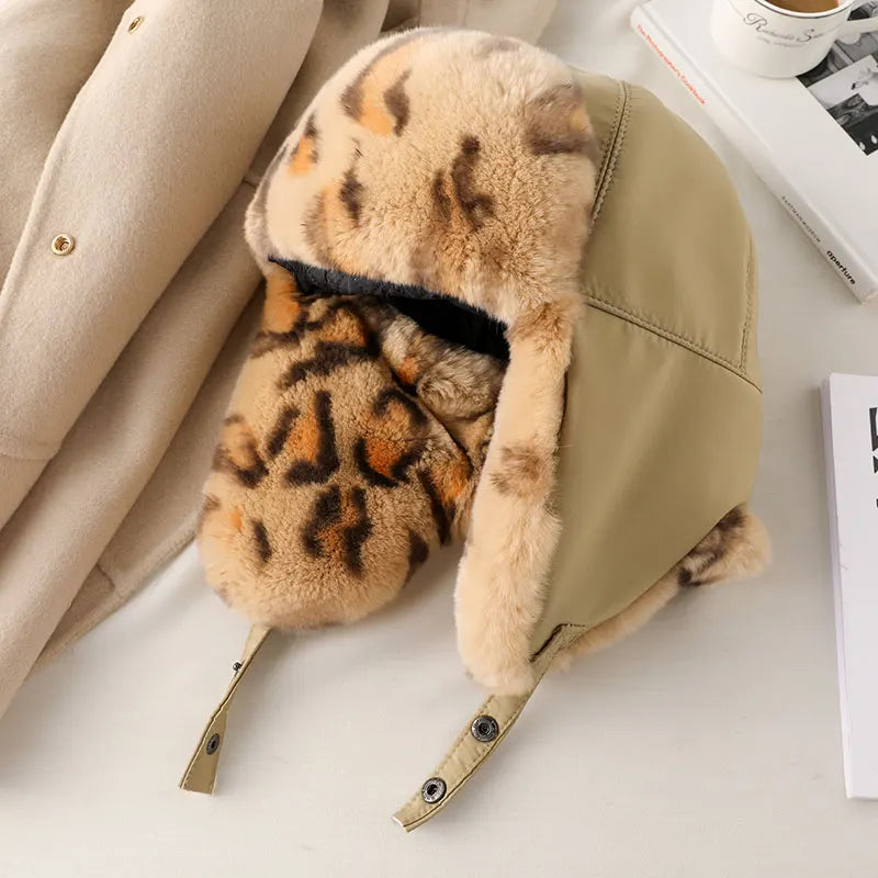 Fur Hat for Women Natural Rex Rabbit Fur Russian Ushanka Hats Winter Thick Warm Ears Fashion Bomber Cap