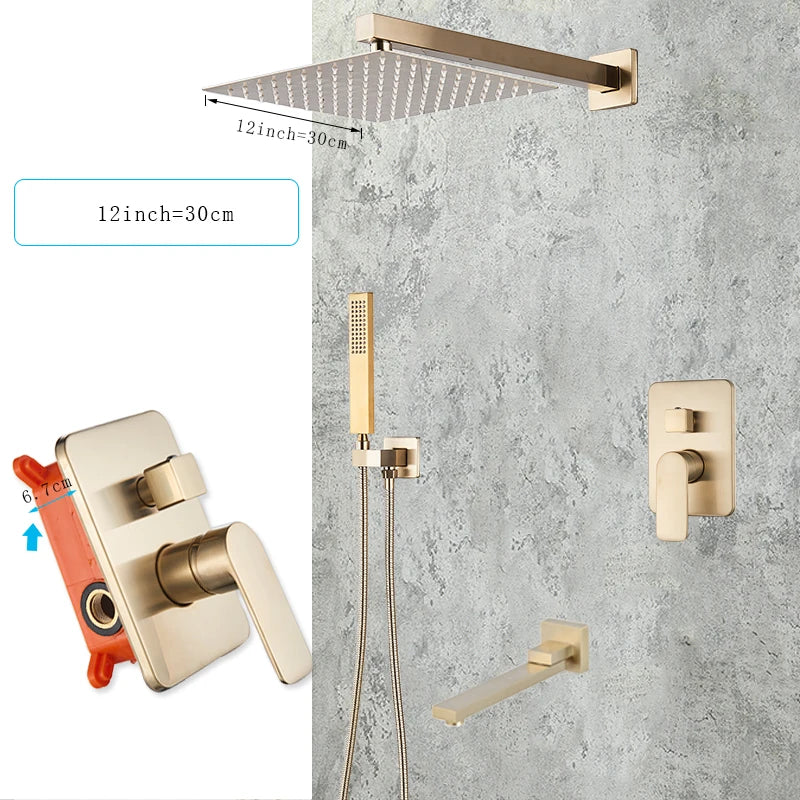 Wall Mounted Concealed Install Brushed Gold Shower Faucets Set Bathroom Shower System Shower Mixer Tap Rainfall