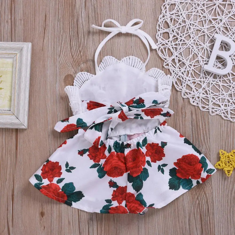 0-3Y Infant Romper Sleeveless Belt Lace Flowers Print Jumpsuit