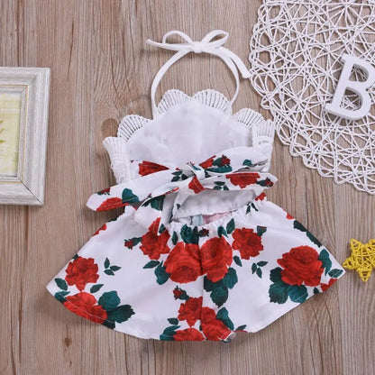 0-3Y Infant Romper Sleeveless Belt Lace Flowers Print Jumpsuit