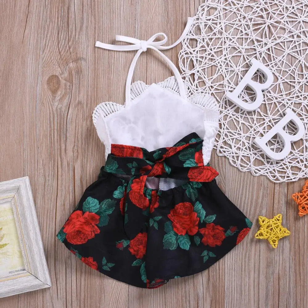 0-3Y Infant Romper Sleeveless Belt Lace Flowers Print Jumpsuit