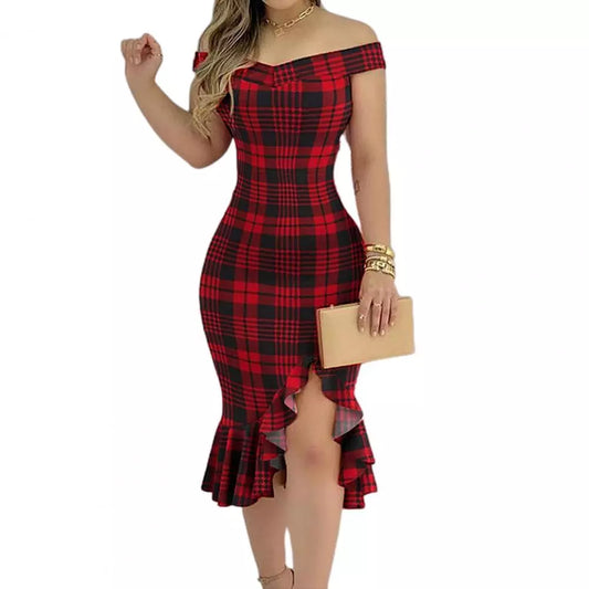 Sexy Off Shoulder Split Ruffle Solid Color Plaid Dress