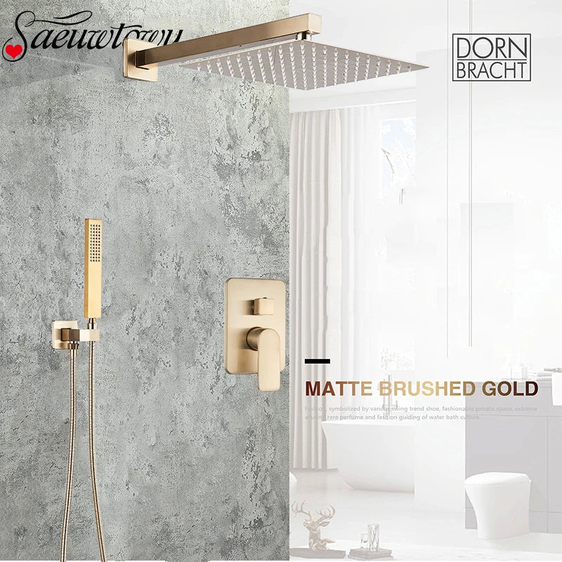 Wall Mounted Concealed Install Brushed Gold Shower Faucets Set Bathroom Shower System Shower Mixer Tap Rainfall