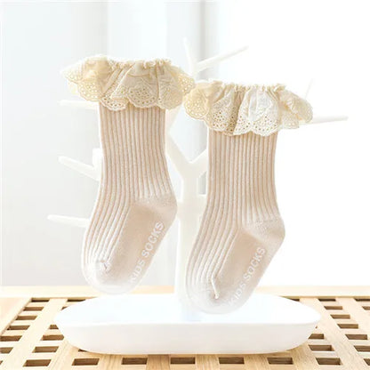 Lawadka Newborn Baby Girl Socks Lace Baby Knee Socks Anti Slip Cotton Socks for Girls Princess Long Autumn Winter Stockings 0-3T