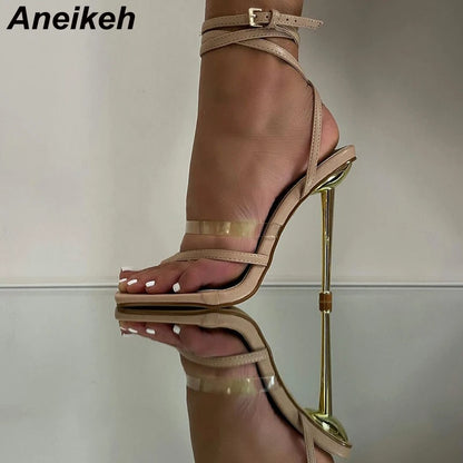 Aneikeh 2025 Summer New Sandals Women Shoes Transparent Color Matching Electroplating High Heel Toe Sandals Heels Party Pumps