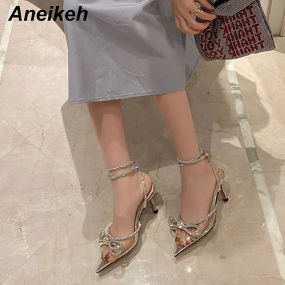 Aneikeh Spring/Autumn 2025 Women's Shoes Fashion Butterfly-Knot Narrow Band Bling Patchwork Cross-Tied Crystal Pointed Toe Pumps