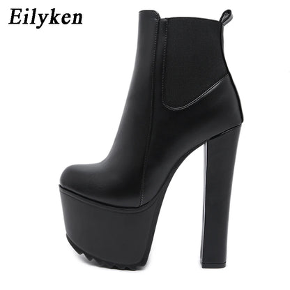 Winter Platform High Heels Women Ankle Boots Black PU Leather Round