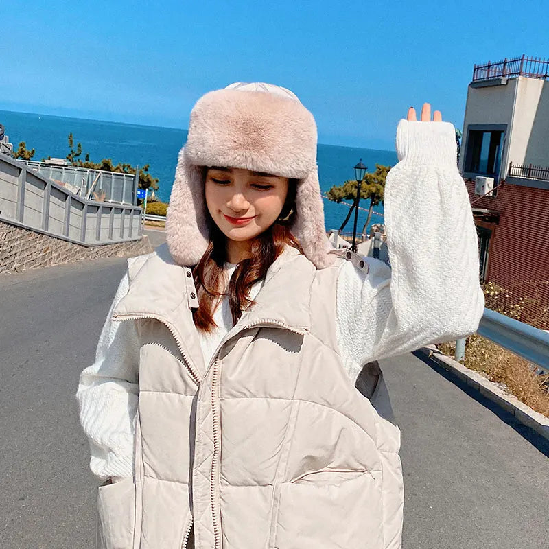 Fur Hat for Women Natural Rex Rabbit Fur Russian Ushanka Hats Winter Thick Warm Ears Fashion Bomber Cap