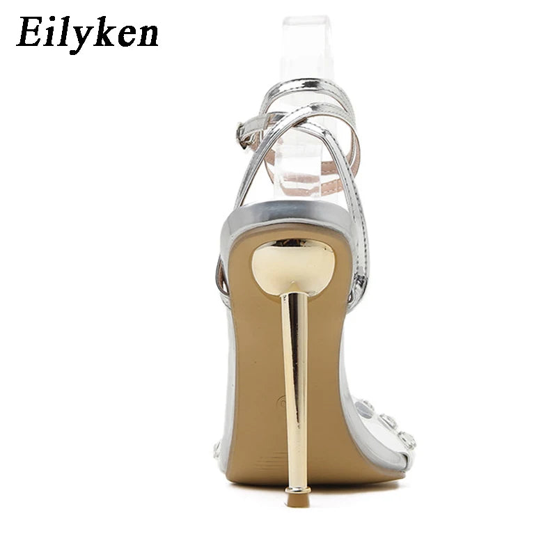 Eilyken Crystal Sexy Women Sandals Metal High Heels Ankle Buckle Strap Gladiator