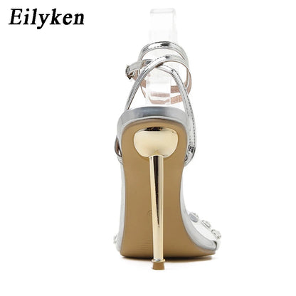 Eilyken Crystal Sexy Women Sandals Metal High Heels Ankle Buckle Strap Gladiator