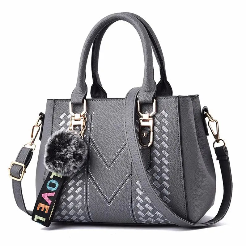 Embroidery Leather Handbags Bags for Women Sac a Main Ladies hair ball Hand Bag