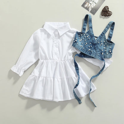 Children Baby Girl Clothes Solid Color Long Sleeve Shirt Dress Denim Beading Vest 2Pcs Outfits Clothes