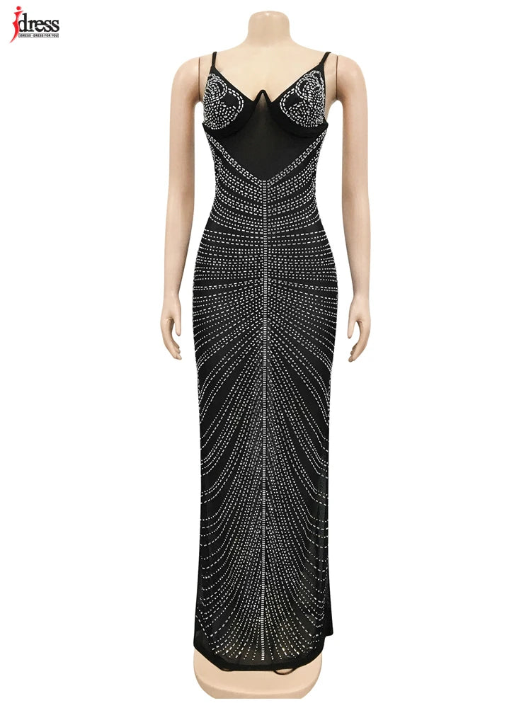 Sexy Sparkle Mesh Sheer Rhinestones Maxi Dress