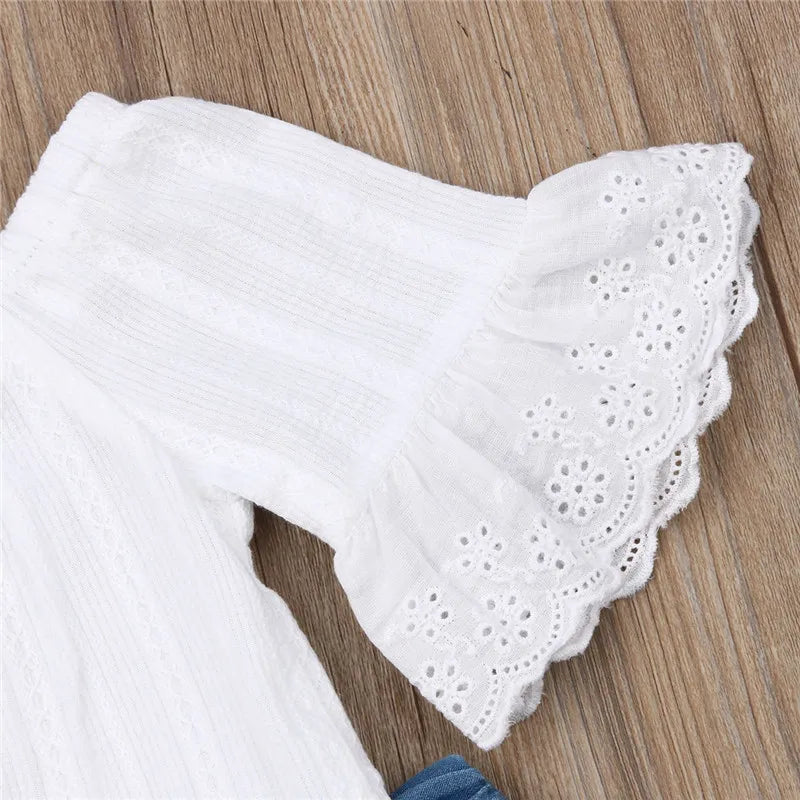 1-6Years Kids Baby Girls Clothes Set Off Shoulder White Lace Tops Shirt Pearl Denim Long Pants Jeans