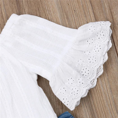 1-6Years Kids Baby Girls Clothes Set Off Shoulder White Lace Tops Shirt Pearl Denim Long Pants Jeans