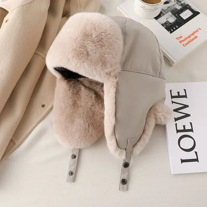 Fur Hat for Women Natural Rex Rabbit Fur Russian Ushanka Hats Winter Thick Warm Ears Fashion Bomber Cap