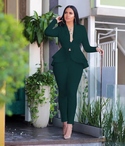 Women's Tracksuit Full Sleeve Ruffles Blazers Pencil Pants Suit Two Piece