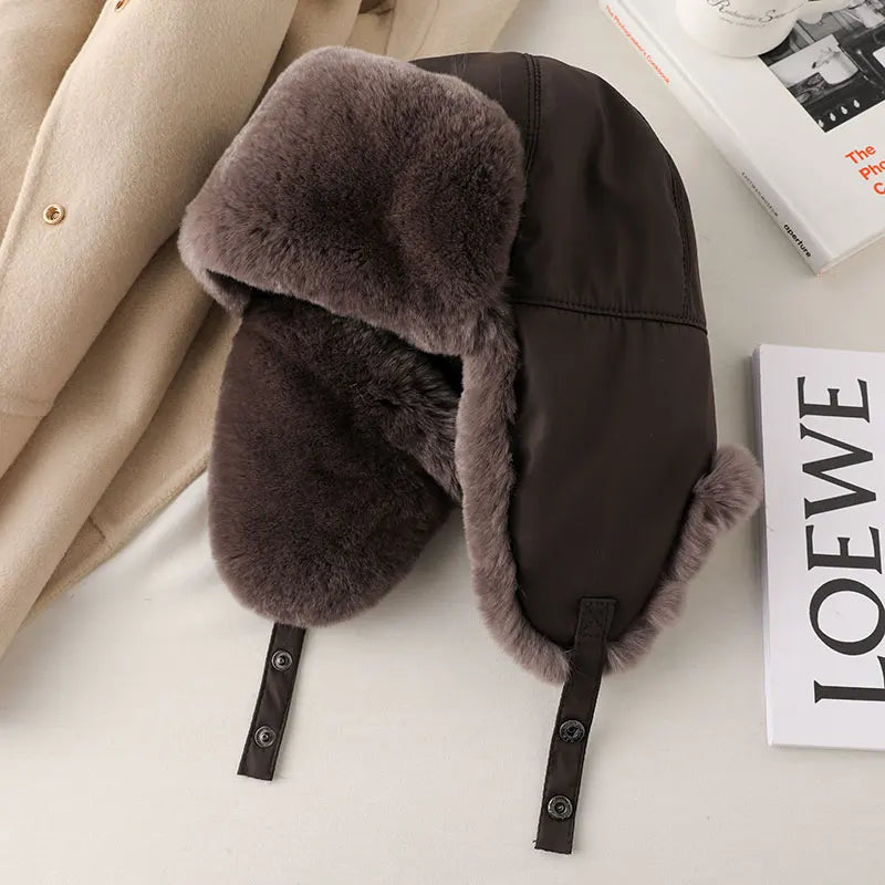 Fur Hat for Women Natural Rex Rabbit Fur Russian Ushanka Hats Winter Thick Warm Ears Fashion Bomber Cap