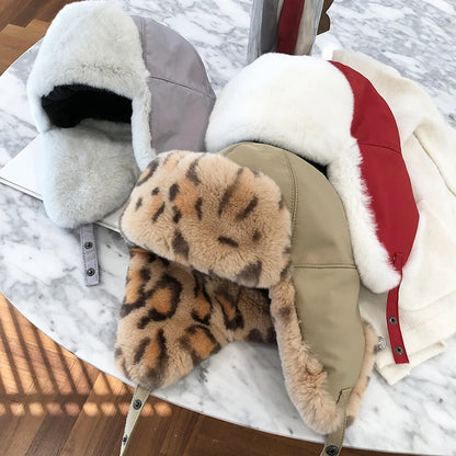 Fur Hat for Women Natural Rex Rabbit Fur Russian Ushanka Hats Winter Thick Warm Ears Fashion Bomber Cap