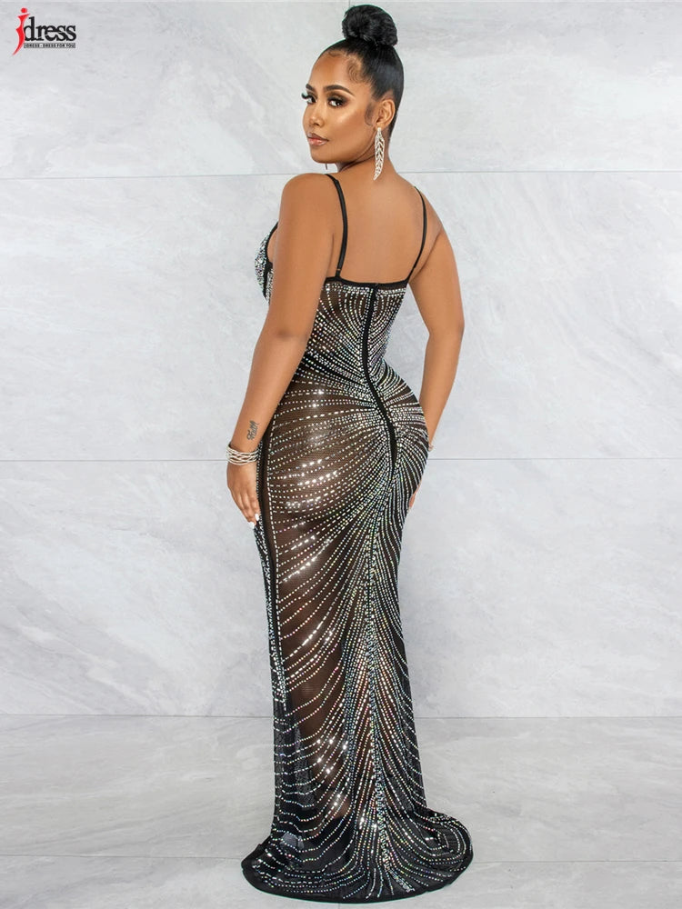 Sexy Sparkle Mesh Sheer Rhinestones Maxi Dress