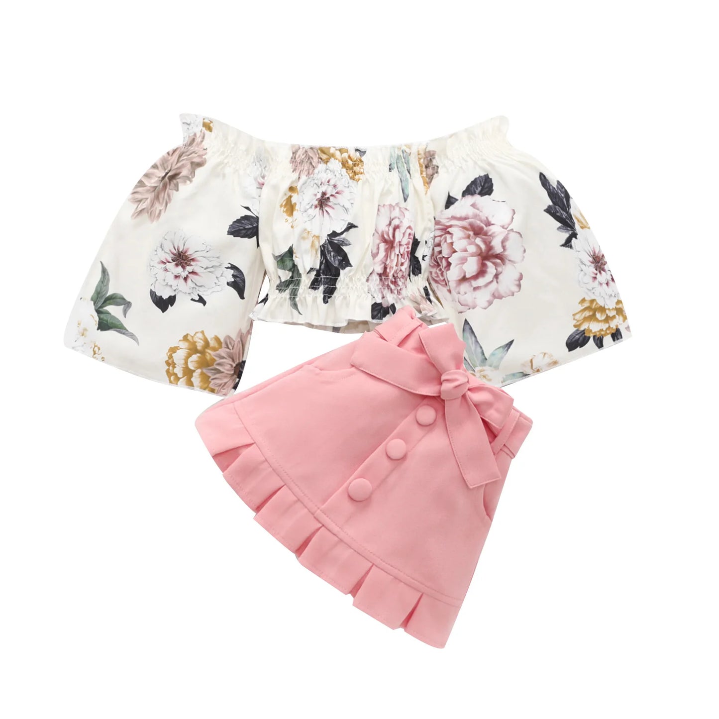 1-6Y Kids Girls Autumn Clothes Sets Floral Off Shoulder Long Sleeve Tops + Buttons Mini Skirts Children Casual Outfits