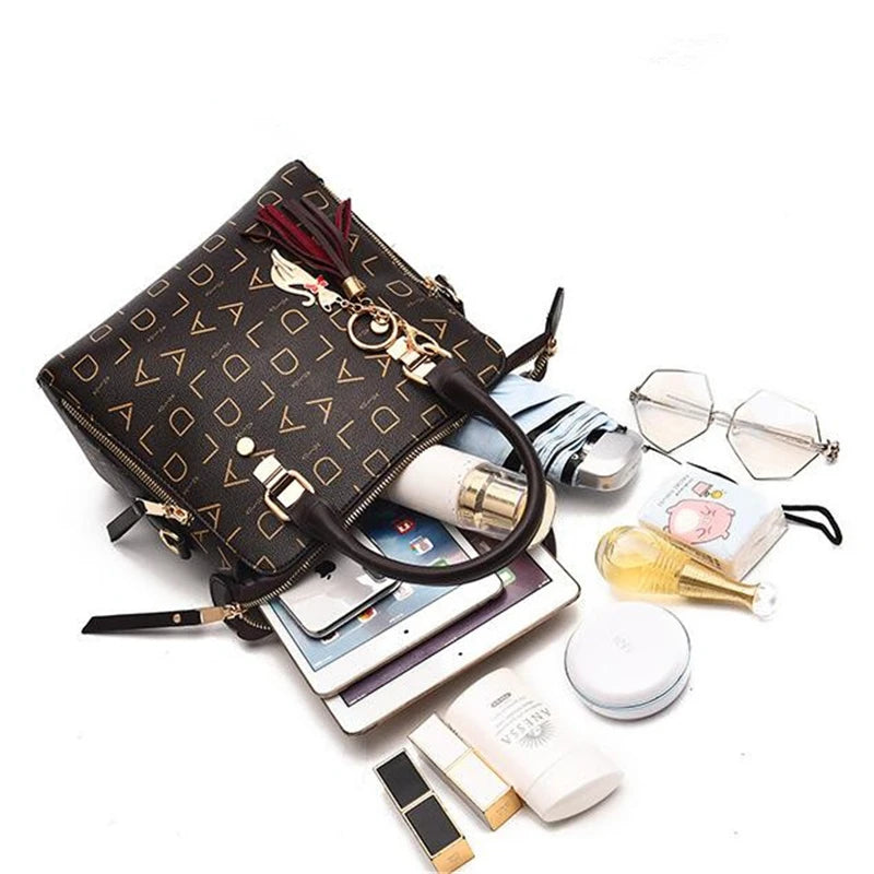 Fashion English Letter Handbag Women PU Leather Tassel Top-handle Bag Luxury Shoulder Bag