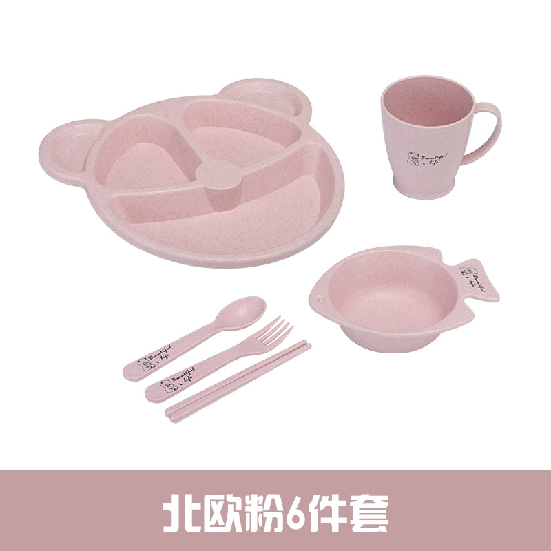 Wheat Straw Baby Tableware Set Children's Dinner Plate Grid Cartoon Drop-Resistant Cute Baby Kindergarten Eating Bowl