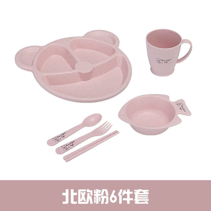 Wheat Straw Baby Tableware Set Children's Dinner Plate Grid Cartoon Drop-Resistant Cute Baby Kindergarten Eating Bowl