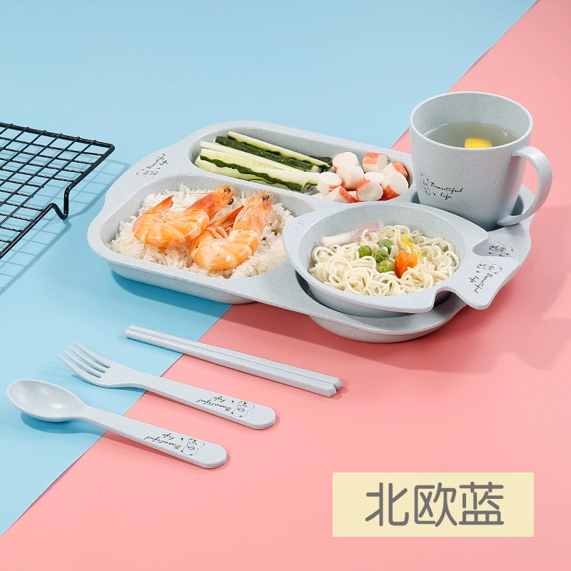 Wheat Straw Baby Tableware Set Children's Dinner Plate Grid Cartoon Drop-Resistant Cute Baby Kindergarten Eating Bowl