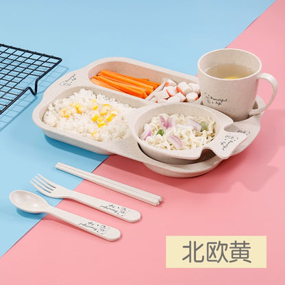 Wheat Straw Baby Tableware Set Children's Dinner Plate Grid Cartoon Drop-Resistant Cute Baby Kindergarten Eating Bowl