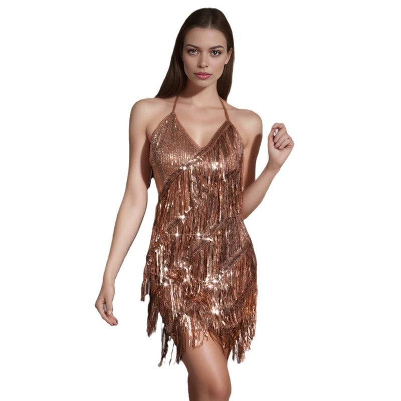 Halter Lace-up V-neck Sequins Tassel Cocktail Short Mildew Dress