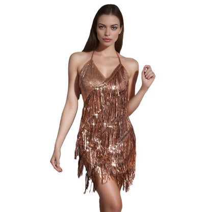 Halter Lace-up V-neck Sequins Tassel Cocktail Short Mildew Dress