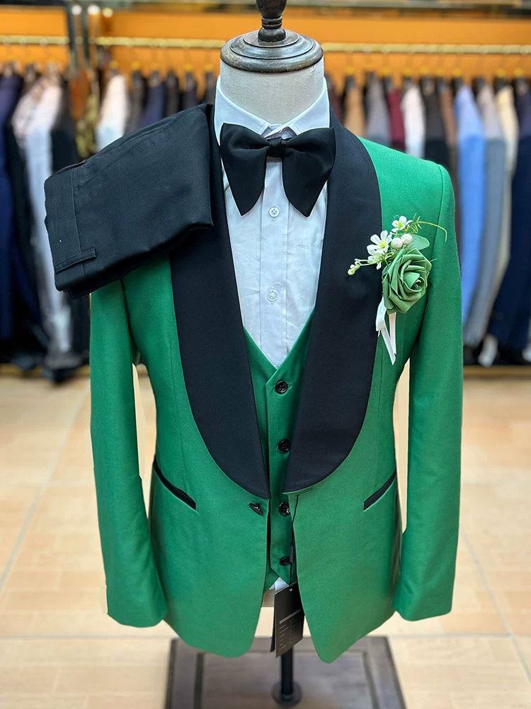 Men Green Collar Suit Three-Piece Wedding Banquet Silm British Style Cross-Border