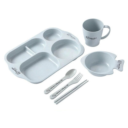 Wheat Straw Baby Tableware Set Children's Dinner Plate Grid Cartoon Drop-Resistant Cute Baby Kindergarten Eating Bowl