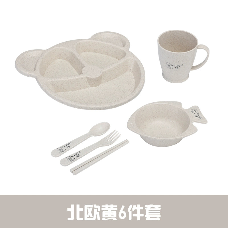 Wheat Straw Baby Tableware Set Children's Dinner Plate Grid Cartoon Drop-Resistant Cute Baby Kindergarten Eating Bowl
