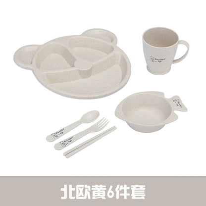 Wheat Straw Baby Tableware Set Children's Dinner Plate Grid Cartoon Drop-Resistant Cute Baby Kindergarten Eating Bowl