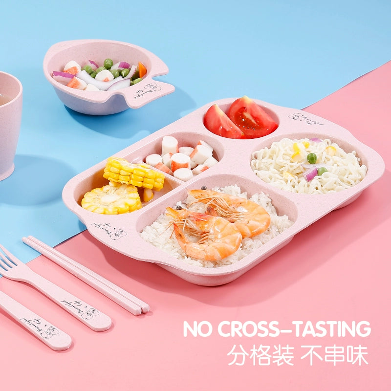 Wheat Straw Baby Tableware Set Children's Dinner Plate Grid Cartoon Drop-Resistant Cute Baby Kindergarten Eating Bowl