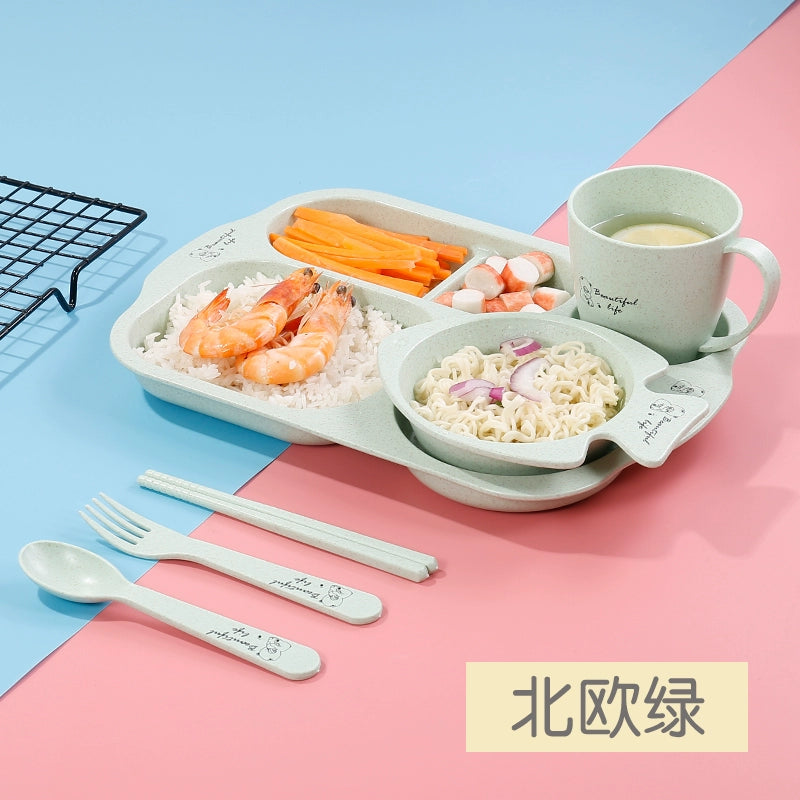 Wheat Straw Baby Tableware Set Children's Dinner Plate Grid Cartoon Drop-Resistant Cute Baby Kindergarten Eating Bowl