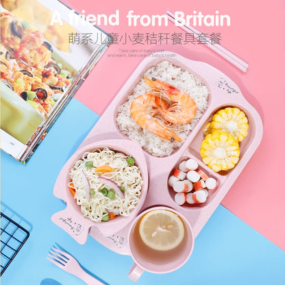 Wheat Straw Baby Tableware Set Children's Dinner Plate Grid Cartoon Drop-Resistant Cute Baby Kindergarten Eating Bowl