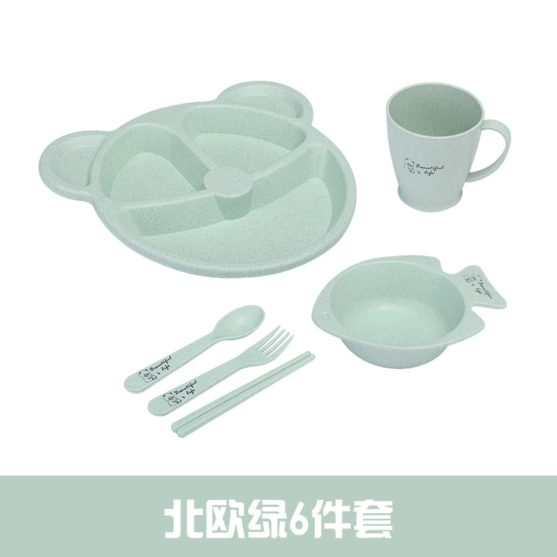 Wheat Straw Baby Tableware Set Children's Dinner Plate Grid Cartoon Drop-Resistant Cute Baby Kindergarten Eating Bowl