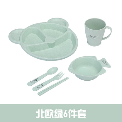 Wheat Straw Baby Tableware Set Children's Dinner Plate Grid Cartoon Drop-Resistant Cute Baby Kindergarten Eating Bowl