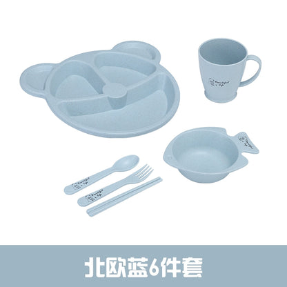 Wheat Straw Baby Tableware Set Children's Dinner Plate Grid Cartoon Drop-Resistant Cute Baby Kindergarten Eating Bowl