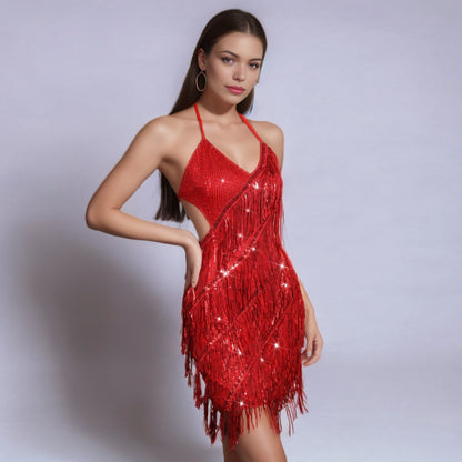 Halter Lace-up V-neck Sequins Tassel Cocktail Short Mildew Dress