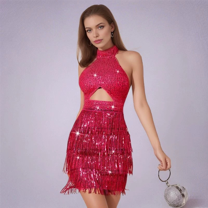 Tassel Sequins Halter Backless Cocktail Dress
