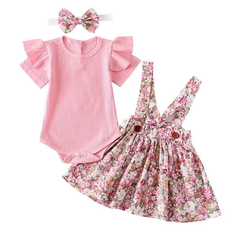 3Pcs Summer Girl Clothes Set Short Sleeve Romper Floral Dress Overalls Headband