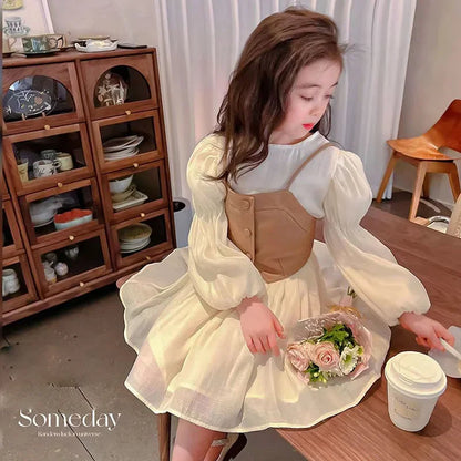 Spring Autumn Baby Suits Girl Vest + Long Sleeve Dresses 2piece Kids Cute Princess Dress Children Chiffon