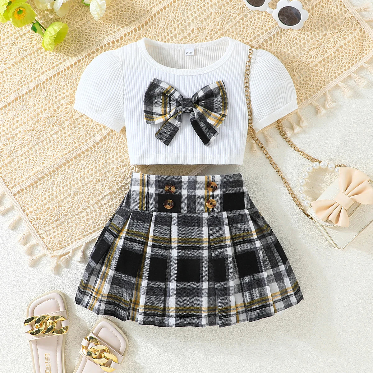 Puff Sleeve Bow Top and Elastic Pleated Skirt Summer Outfit Toddler Infant Clothing Set Kids Wear