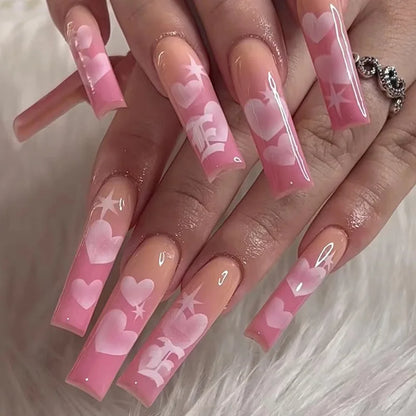 24Ps Super Long Ballet Wearable Fake Nails Blue Diamond Small Flower Press on Nail Stickers Finished Removable False Nail Pieces