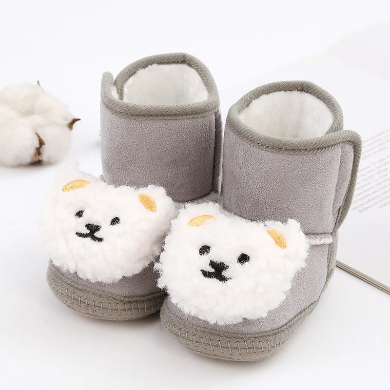 Winter Snow Baby Boots Cute Bear Warm Fluff Balls Indoor Soft Sole Infant Newborn Toddler Baby Shoes 0-18M