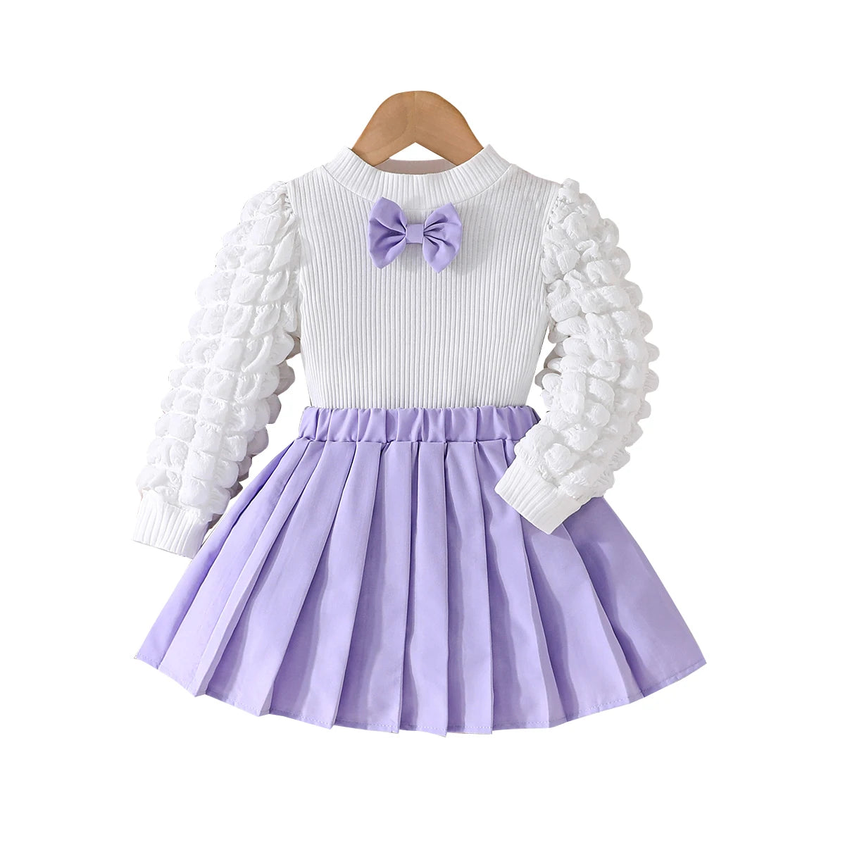 3 Colors Fashion Kids Girls Fall Clothes Sets 3-8Y Long Puff Sleeve Bow Front Tops + Pleated Skirt 2PCS